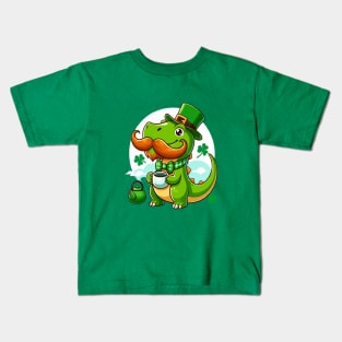 st patricks day Funny dinosaur with mustache love coffee Kids T-Shirt